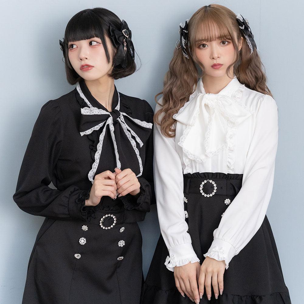 メール便】レースふちどりボウタイリボンフリルブラウス – レディース