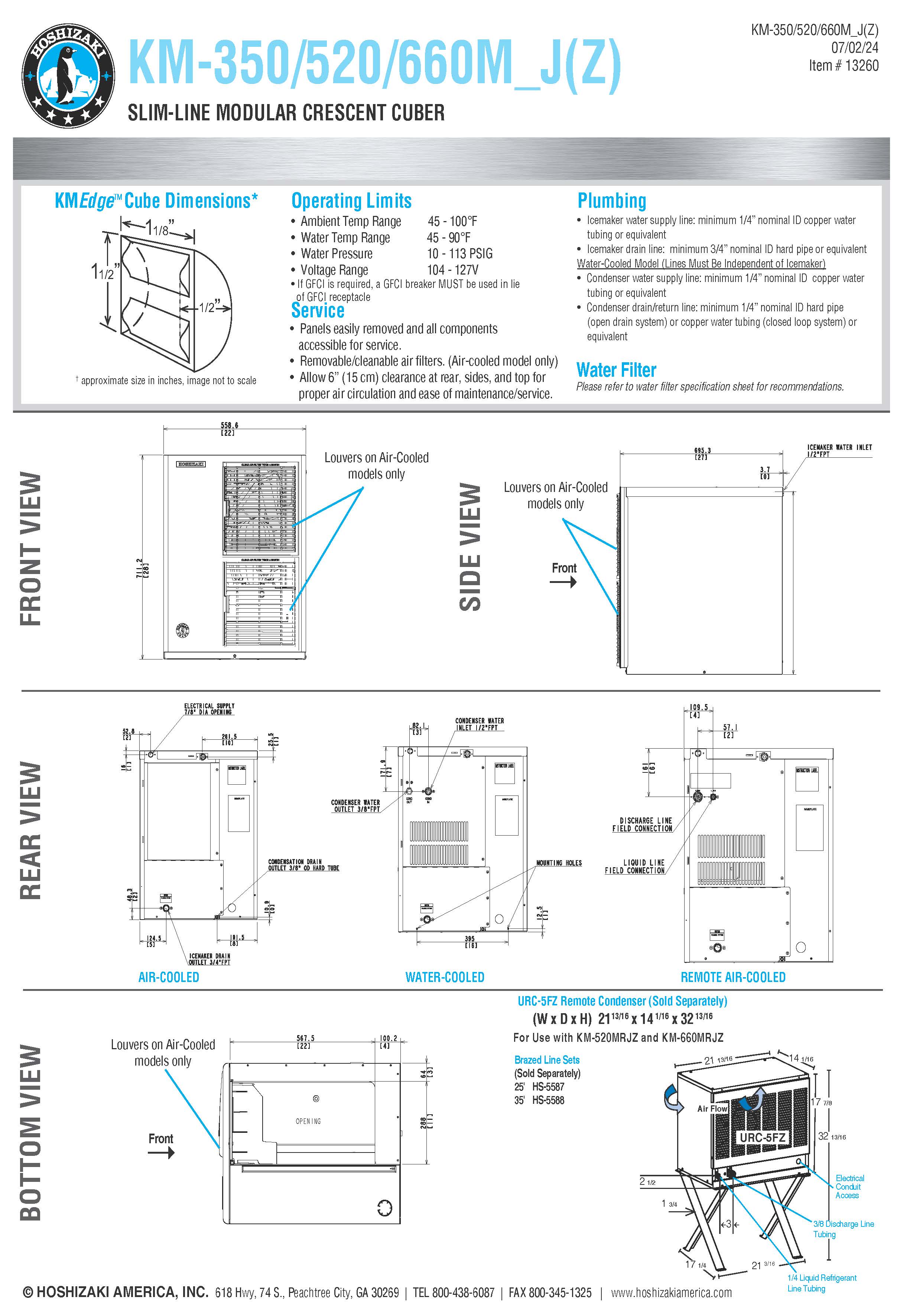 Hoshizaki Ice Maker, Cube Style, 489# R-404A refrigerant - KM