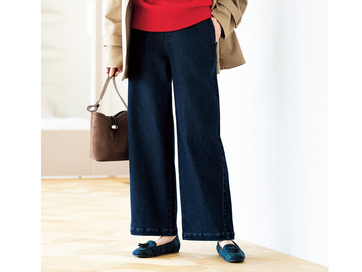 あったか裏起毛ワイドデニム(40_M63cm 80_インディゴブルー