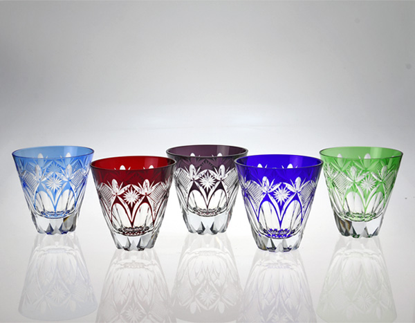ペア花模様ロックグラス・魚子と菊花 5色セット MP05 | 江戸切子 瀧澤