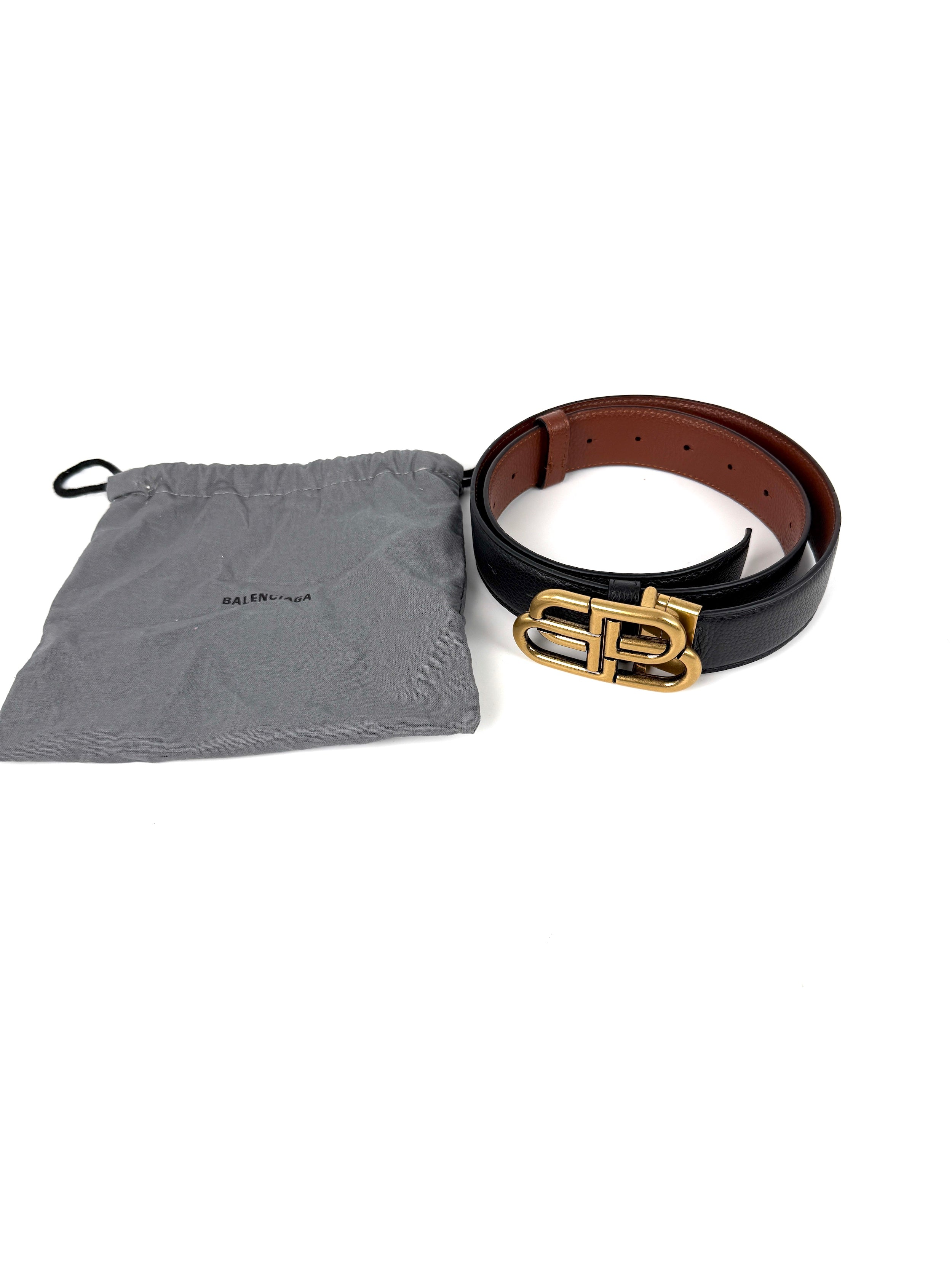 BALENCIAGA Black Brown Reversible BB Logo Leather Belt 85 34