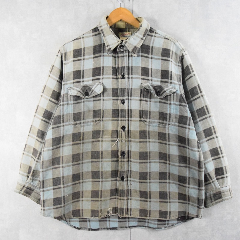 80s 80年代 長袖シャツ フランネルシャツ 水色 ライトブルー ボロ