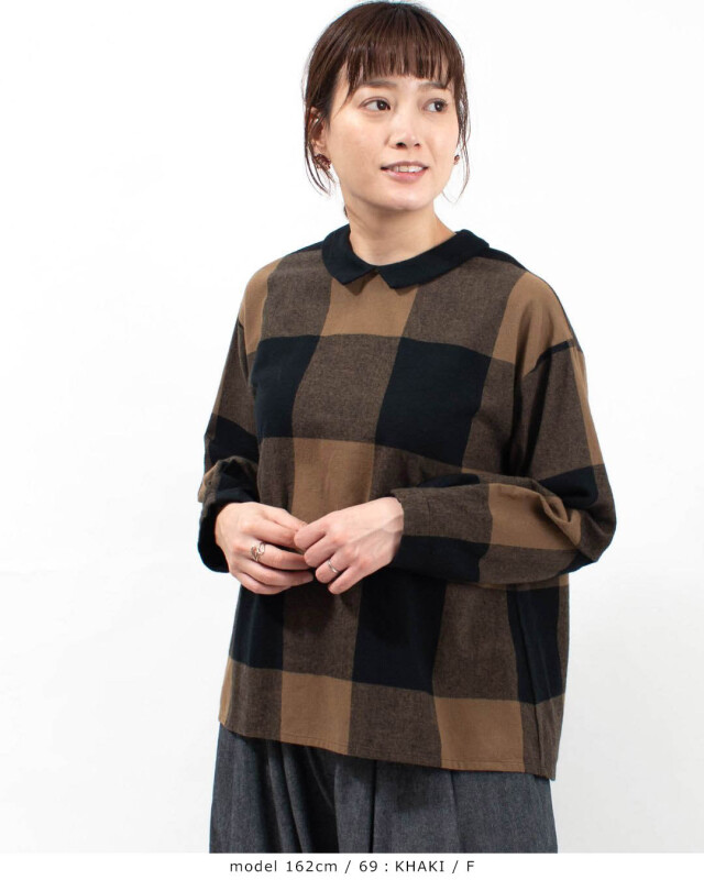 blue willow コットンブロックチェック衿配色ブラウス｜ナチュラル