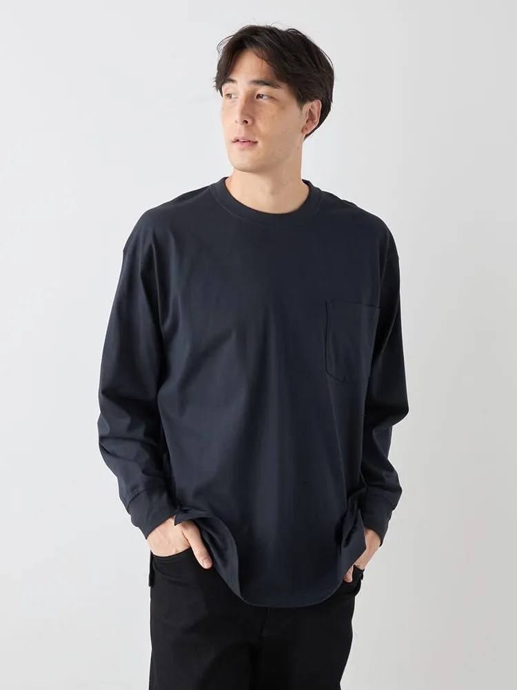 ブラック 【EL.FO】無地ポケット付きタフ衿クルーネック長袖Tシャツ