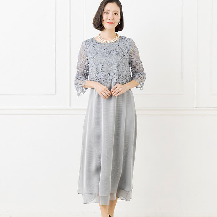 ラッセルレース×シャンタンのロングドレス 13号・ピンクベージュ