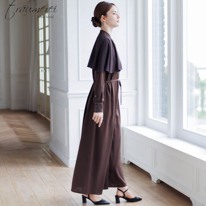 WEB限定｜ケープカラーオールインワンドレス 9号・ブラウン｜東京