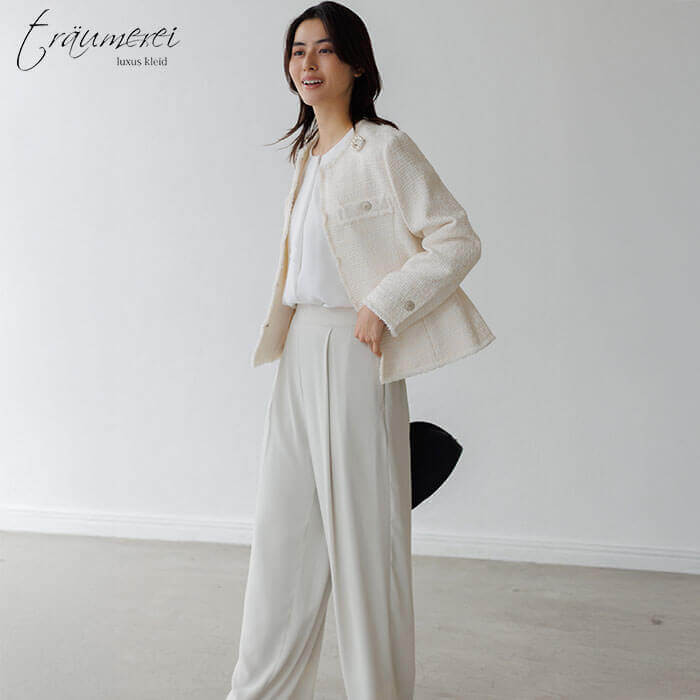 WEB限定｜ツイードワイドパンツスーツ 13号・ベージュ｜東京ソワール