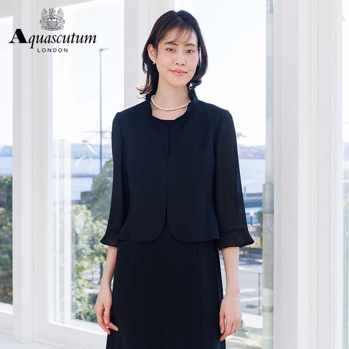 絽｜シルク混素材のフリルカラー夏用ワンピース 9号・ブラック｜東京