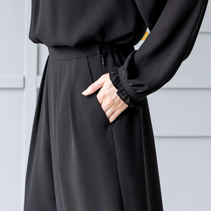 洗える｜ゴム入りワイドフレアパンツ М・ブラック｜東京ソワール