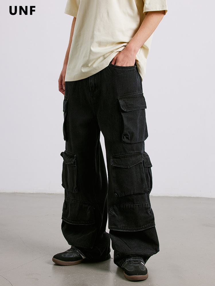 黒パンツ 多機能ポケット付き黒カーゴパンツ男女兼用 カーゴ|黒パンツ