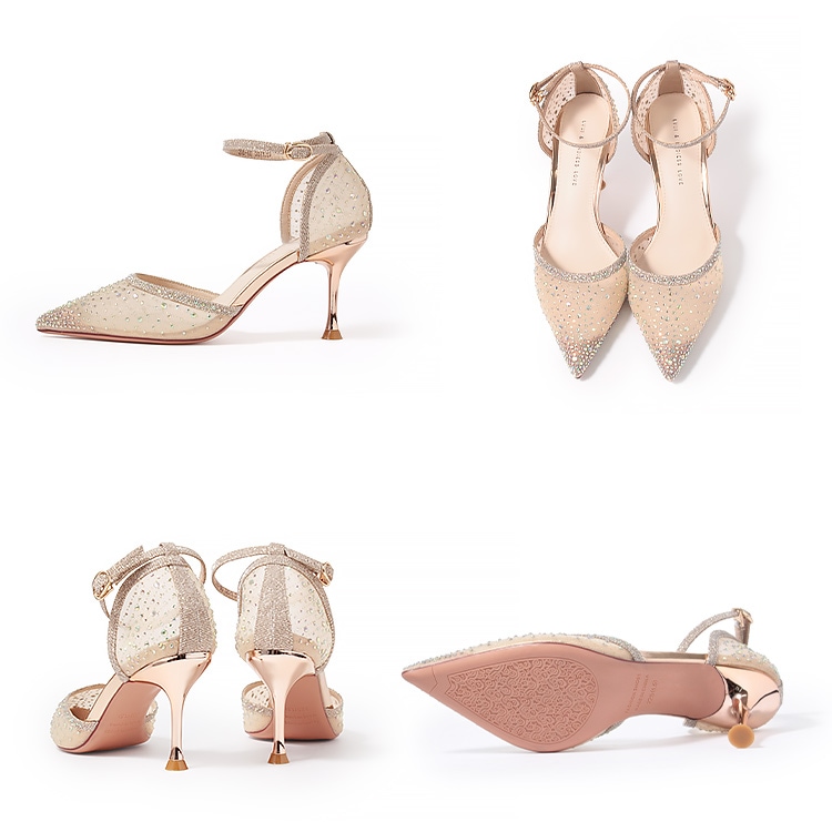 パンプス ハイヒール ヒール8cm チュール ラメ ラインストーン ポイン