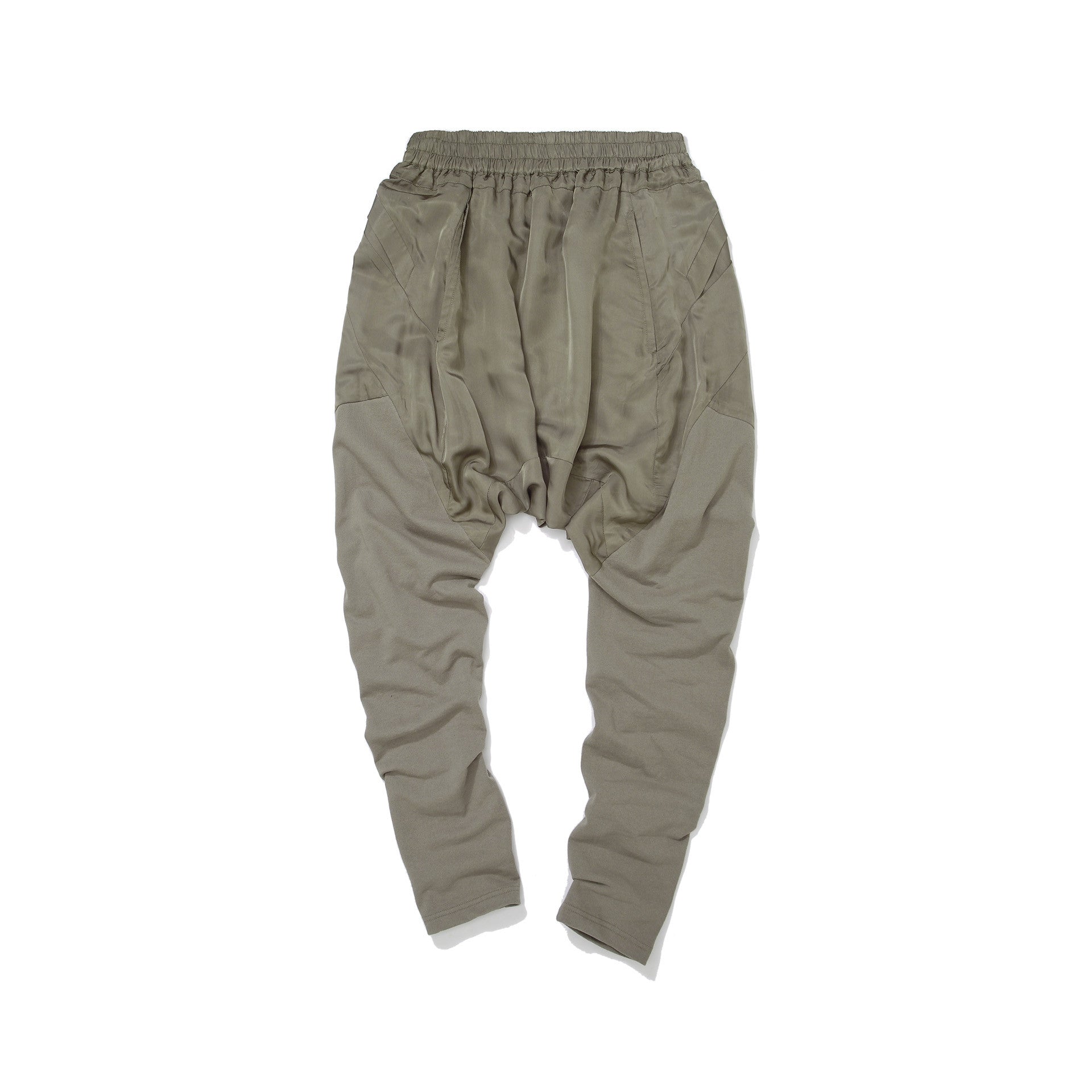DROP-CROTCH GEOCUT KNIT CALVES PANEL SAROUEL PANTS / SAND KHAKI