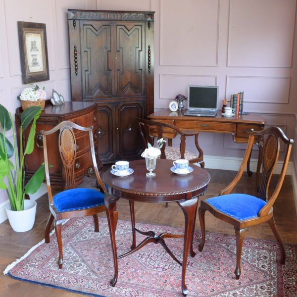 アンティークのサロンチェア、象嵌が美しいイギリスのマホガニー材の