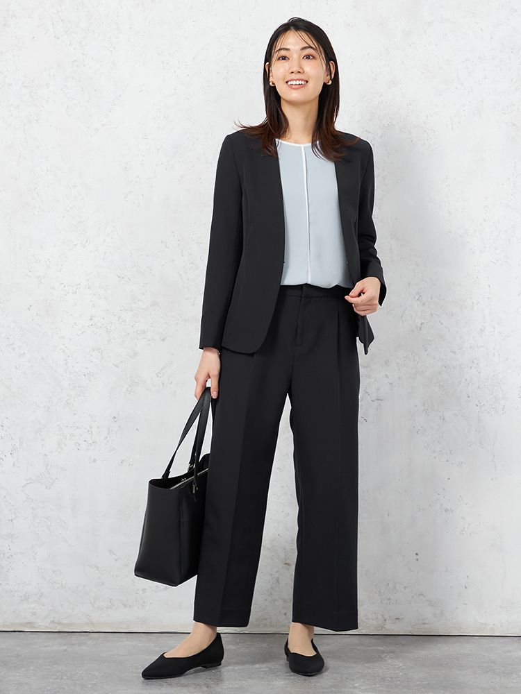 ブラック 【INDIVI】ウォッシャブル ワイドパンツ ダブルクロス 無地