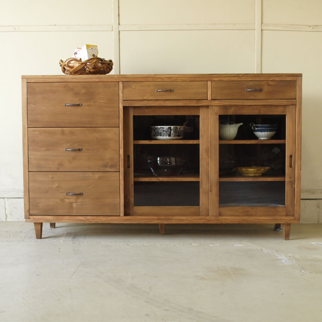 サイドボード003 150×90×40 無垢食器棚キッチンボードガラス扉引戸モミ