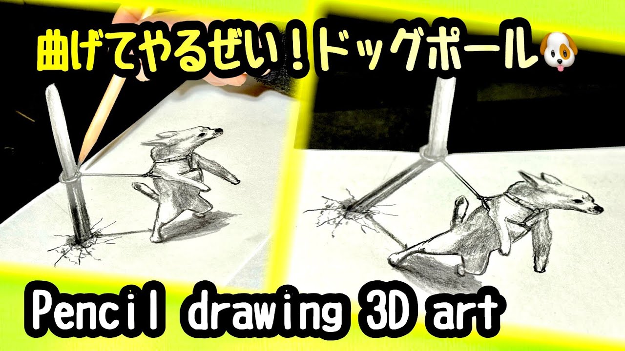 ドッグポールが曲がるほど】ワンコの気持ちを鉛筆画錯視アートでPencil