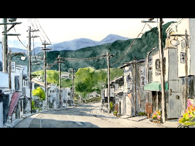 ゆるやかにカーブした道はすごく画になる ／ 群馬県甘楽郡 【透明水彩