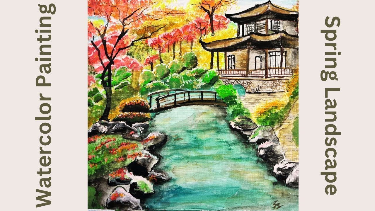 Japanese flower garden | Watercolor Painting | Spring Landscape