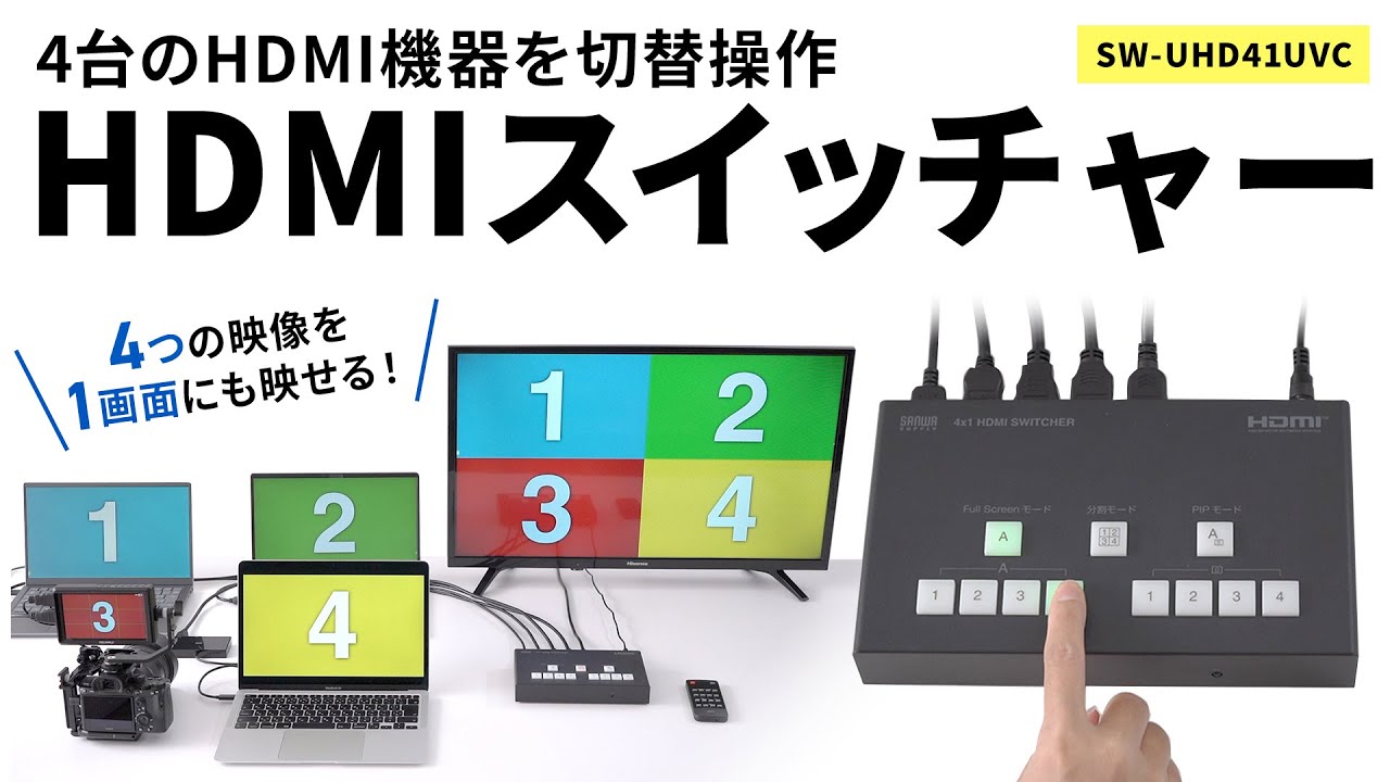 4台の機器の映像を瞬時に切り替えできるHDMIスイッチャー。4つの映像を
