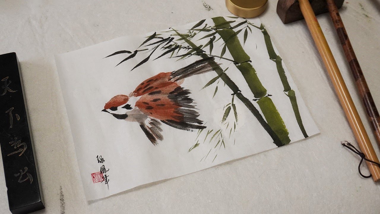 スズメと青竹の墨彩画・水墨画・Ink painting - YouTube