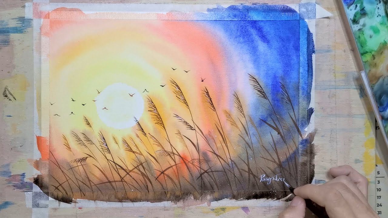 Simple Watercolour - Sunset in the reed grass 2 - 入门水彩画- 芦苇