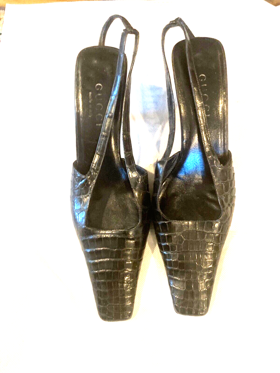 Gucci by Tom Ford S/S 1998 Black Crocodile Crystal G Slingback