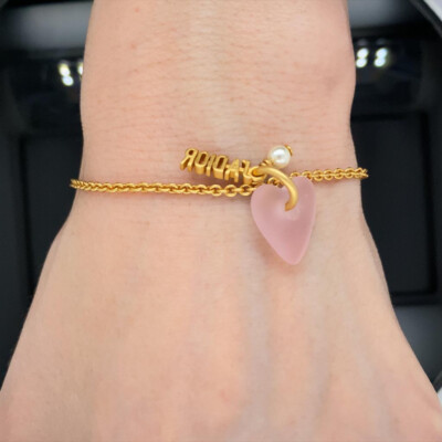 Dior J'adior Gold Chain Link Pink Heart Pearl Charm Adjustable Arm