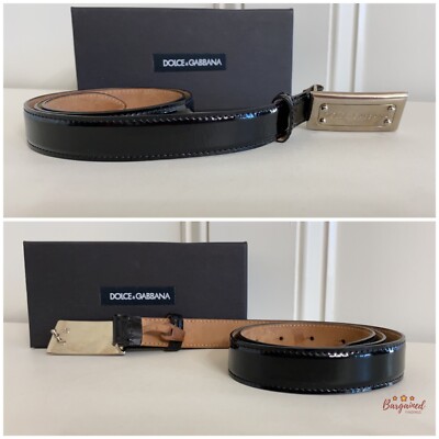 Authentic Dolce & Gabbana Black Patent Leather Belt Silver Buckle
