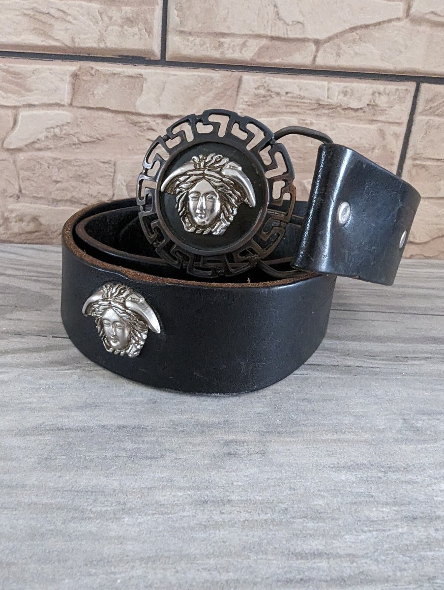GIANNI VERSACE Vintage Leather Black Silver Belt Medusa Face made