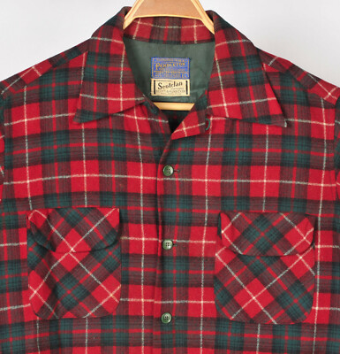 Vintage 60s Pendleton Board Shirt Mens L Red Green Plaid Wool Loop