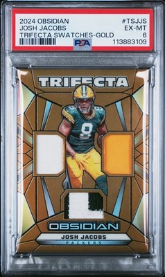 2024 PANINI OBSIDIAN #TSJJS JOSH JACOBS TRIFECTA SWATCHES-GOLD PSA