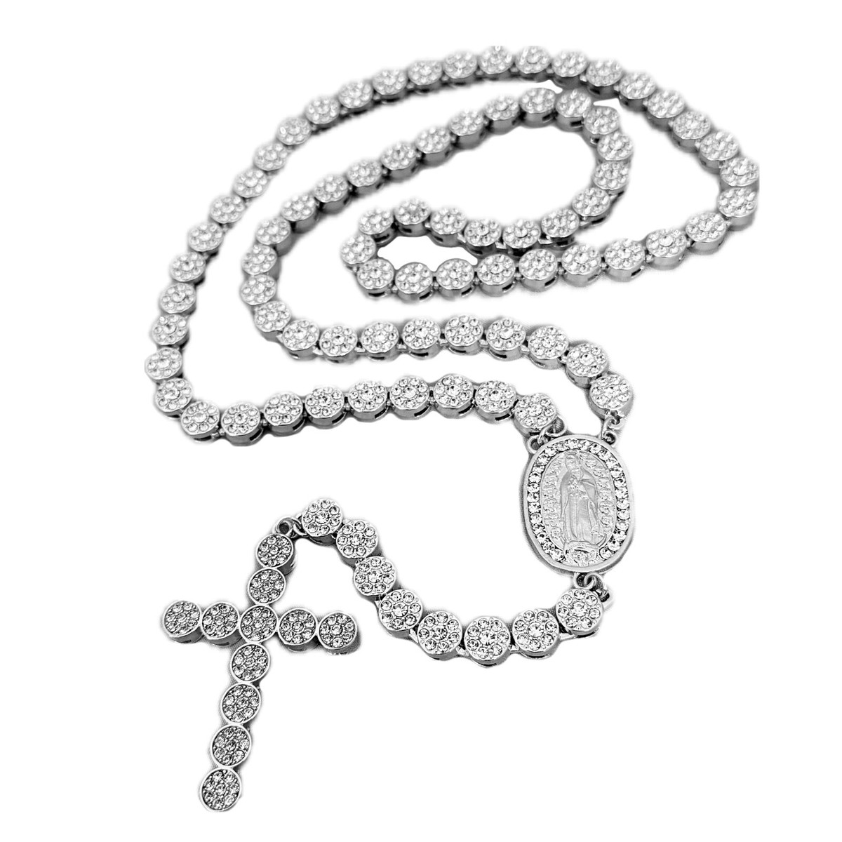 Flower Chain Rosary La Virgen de Guadalupe Rosario Silver Tone CZ