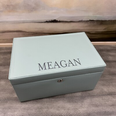 Pottery Barn Mckenna WOLF Large Jewelry Box Leather Porcelain Blue