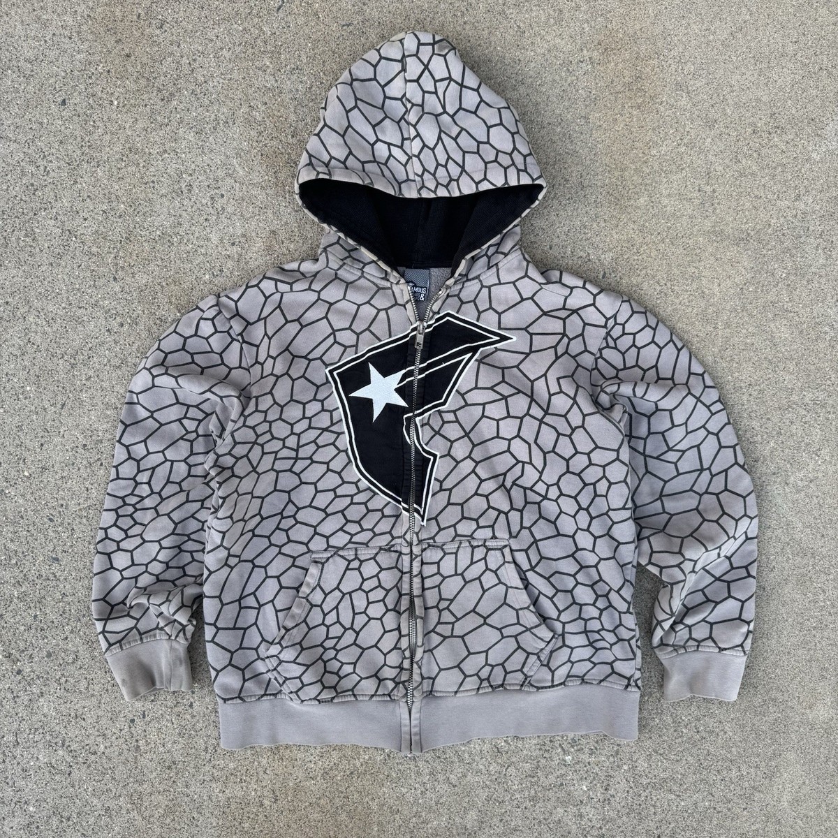 Vintage Famous Stars and Straps Hoodie Mens Gray Camo Zip Up AOP