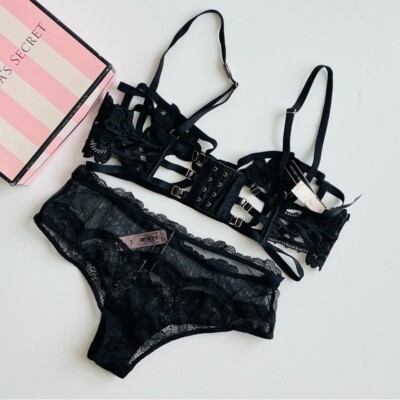 34C SMALL Victorias Secret black embroidered harness bra set lace