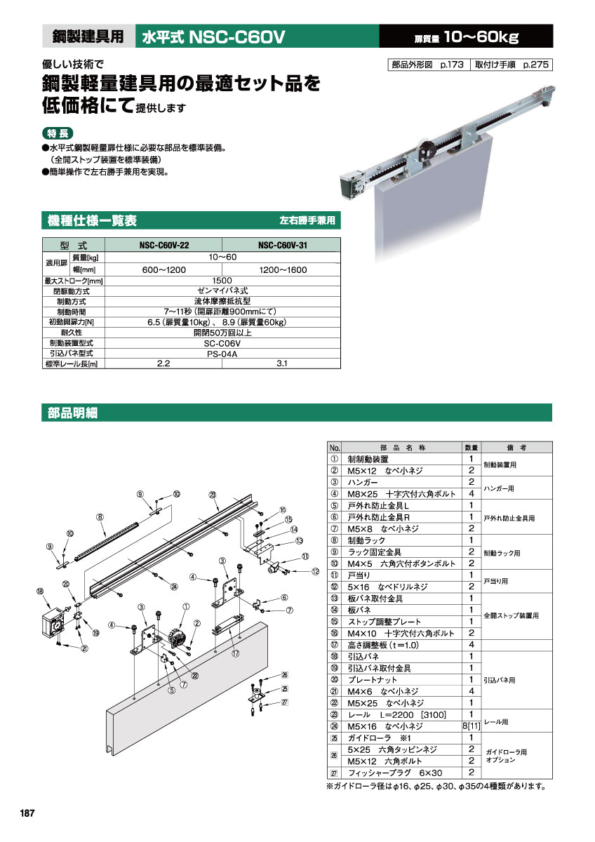 NSC-C60V-22 / NSC-C60V-31（水平式・鋼製軽量建具用