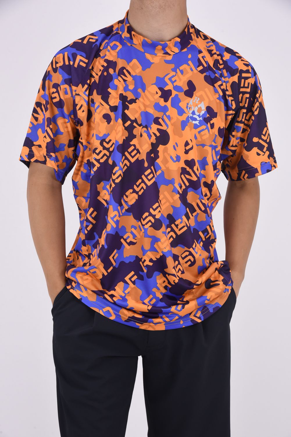 美品RUSSELUNO ラッセルノ モックネック半袖シャツ ブラック×レッド