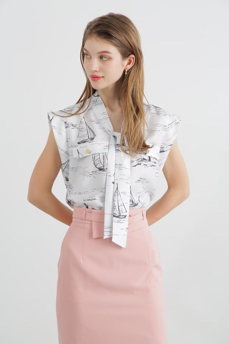 PINKY&DIANNE - ヨットプリントボウタイブラウス（ブラック