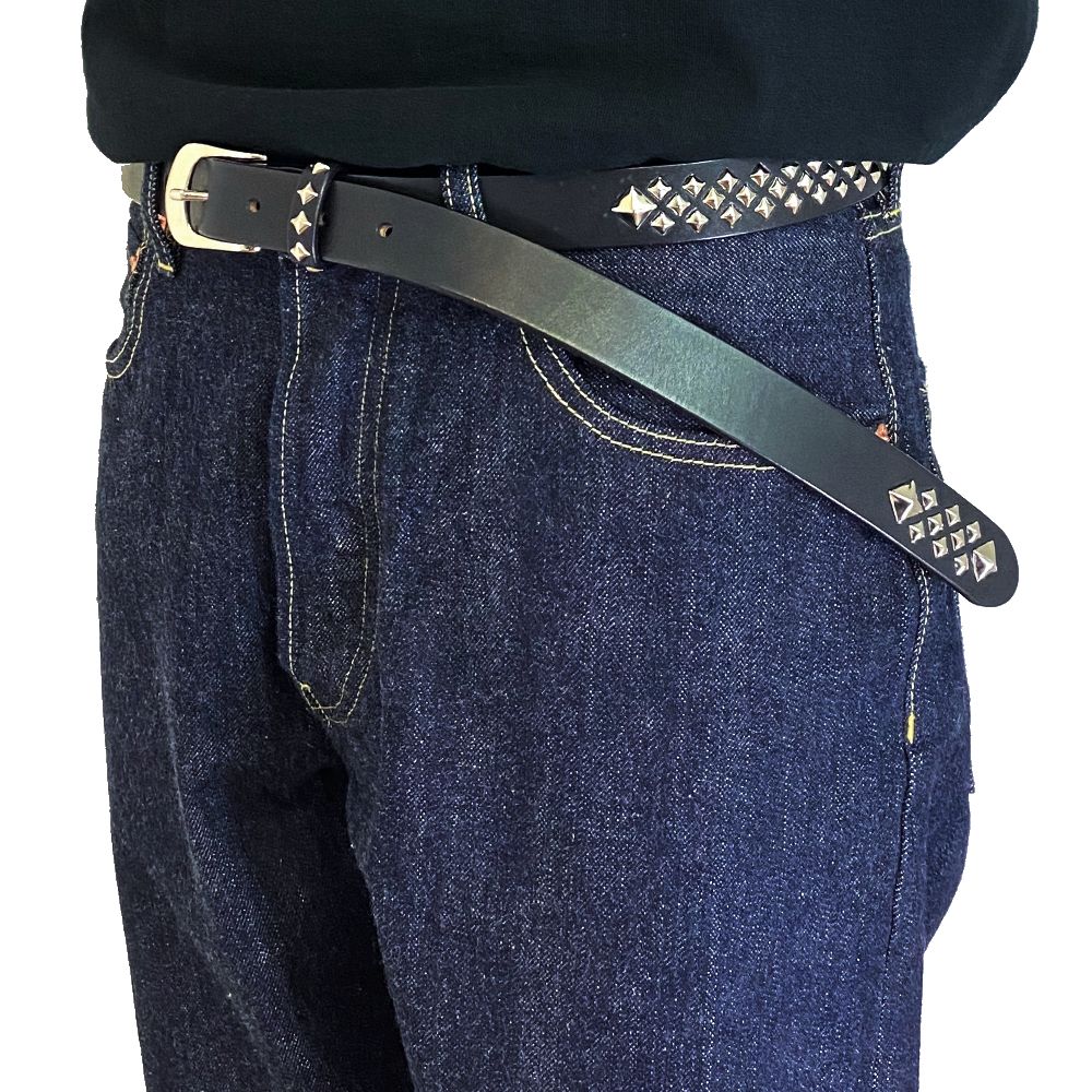 CALEE - STUDS LEATHER NARROW LONG BELT (BLACK) / スタッズ レザー