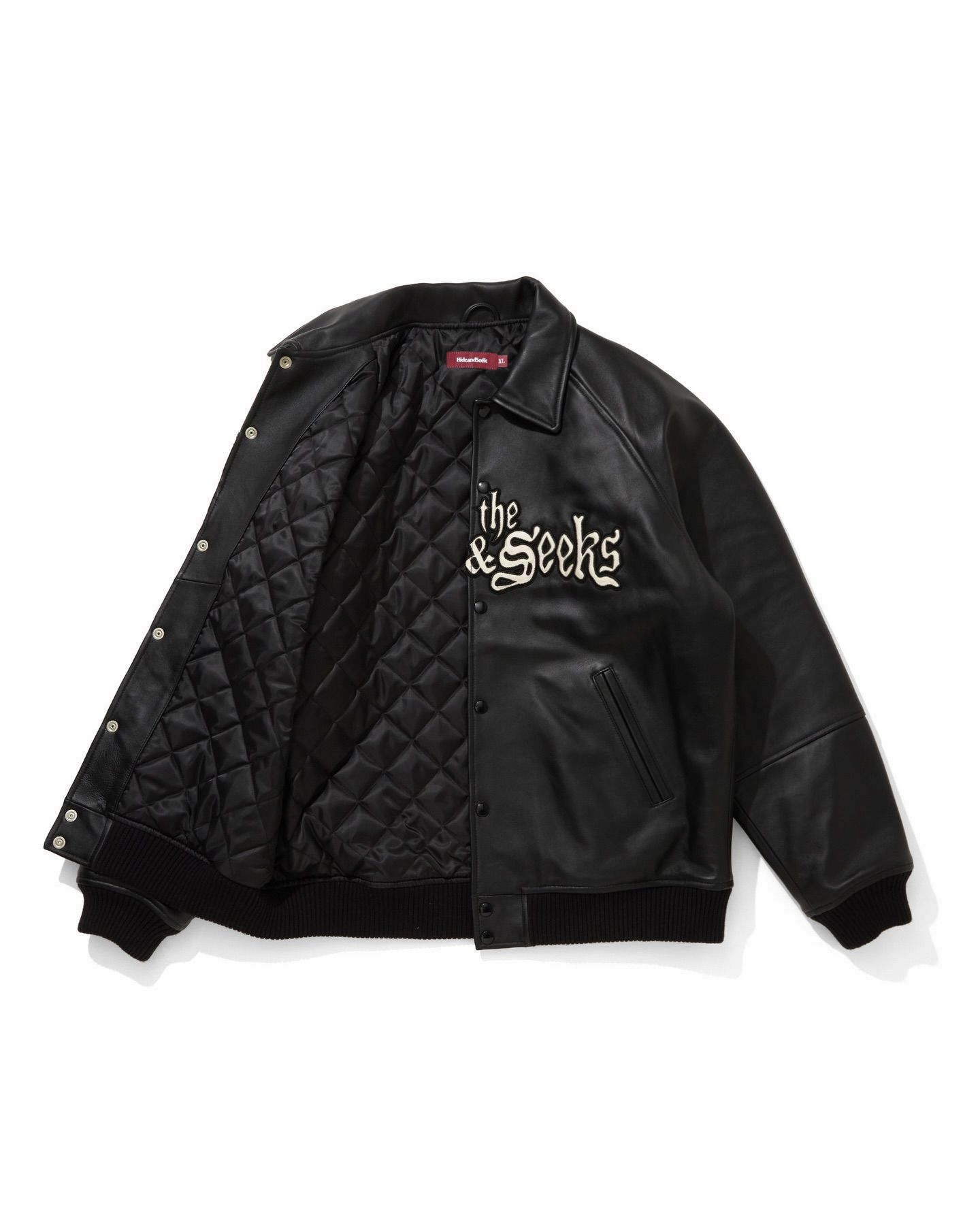 HIDE AND SEEK - Leather Varsity Jacket (BLACK/BLACK) / 西浦徹