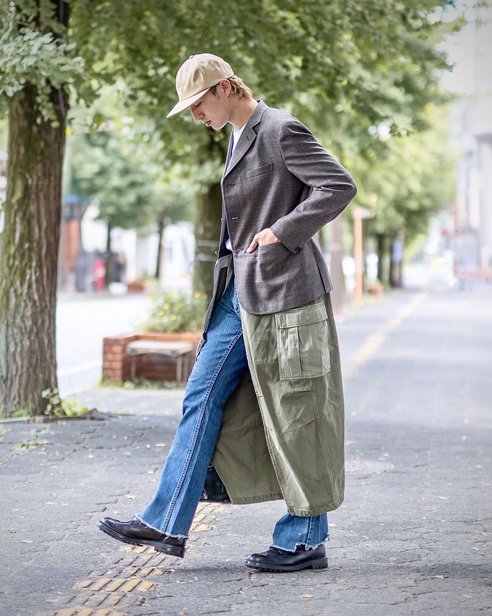 ジュンヤワタナベマン24AW ウールチェック×綿ヘリンボーンコート