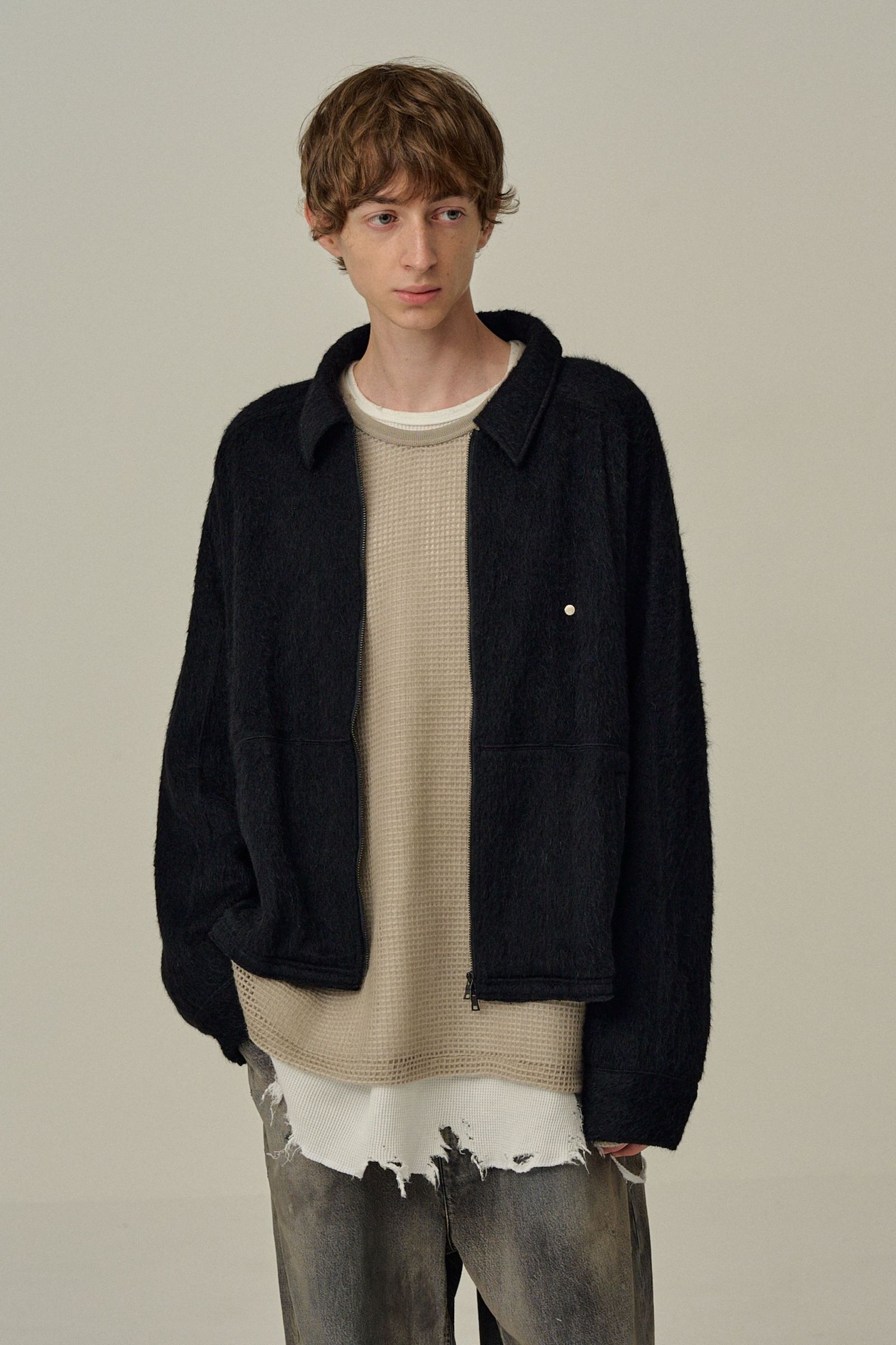 ANCELLM - SHAGGY ZIP UP SHIRT | BLACK | ジップアップシャツ | NapsNote