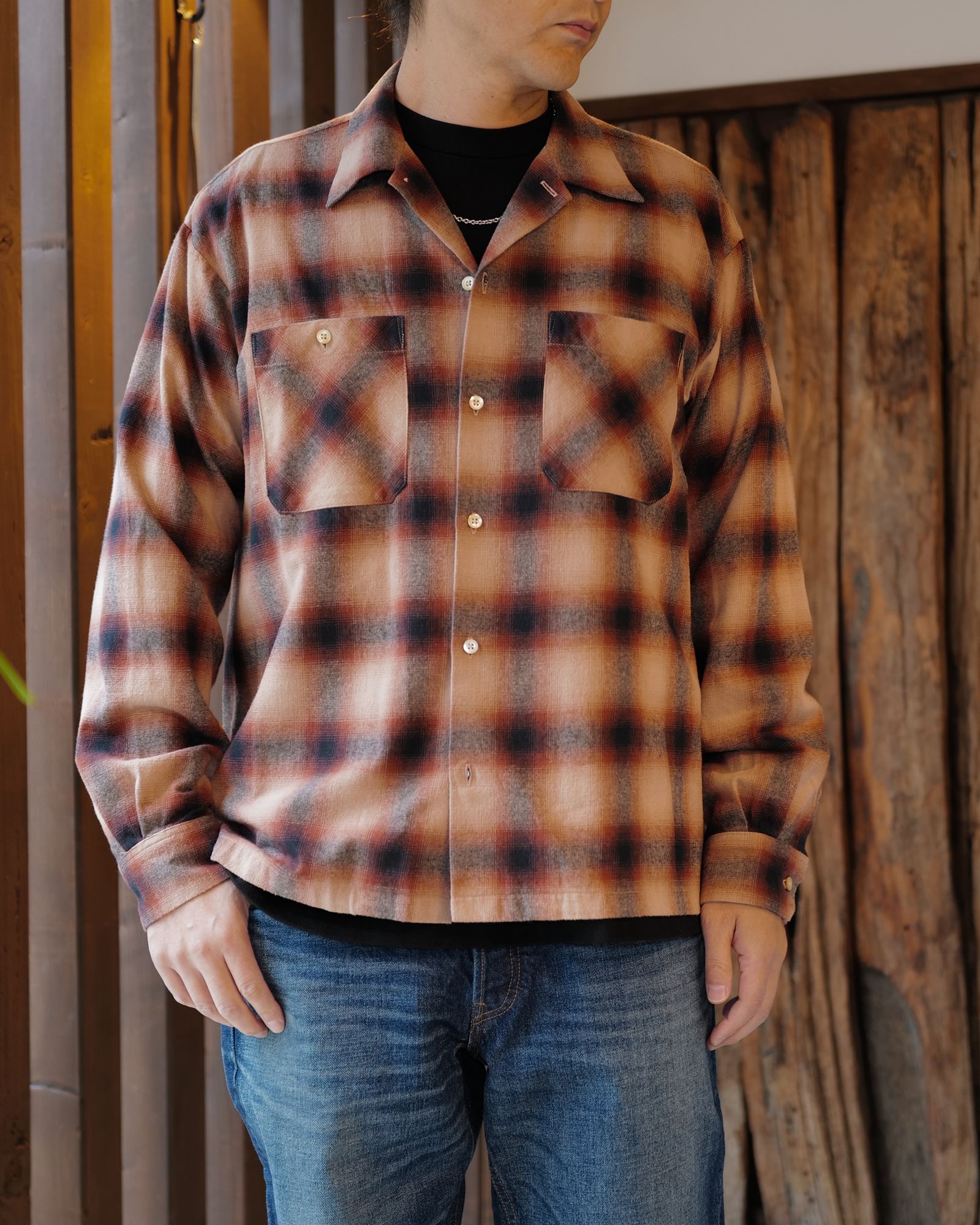 MINEDENIM - 【Last1 Size3】 C.Flannel Ombre Open Collar SH RPT | River