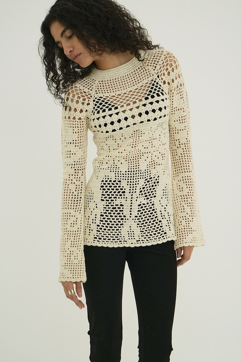 CLANE - バックオープンクロシェニット - BACK OPEN CROCHET KNIT TOPS