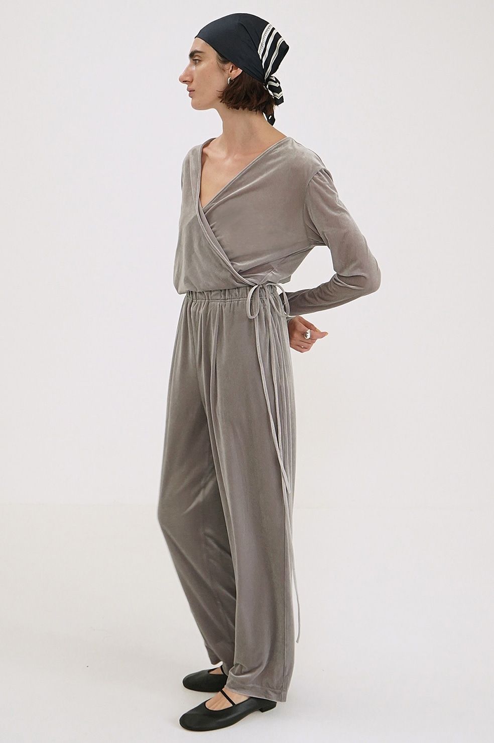 CLANE - ベロア カシュクールデザイン セットアップ グレー - VELOR