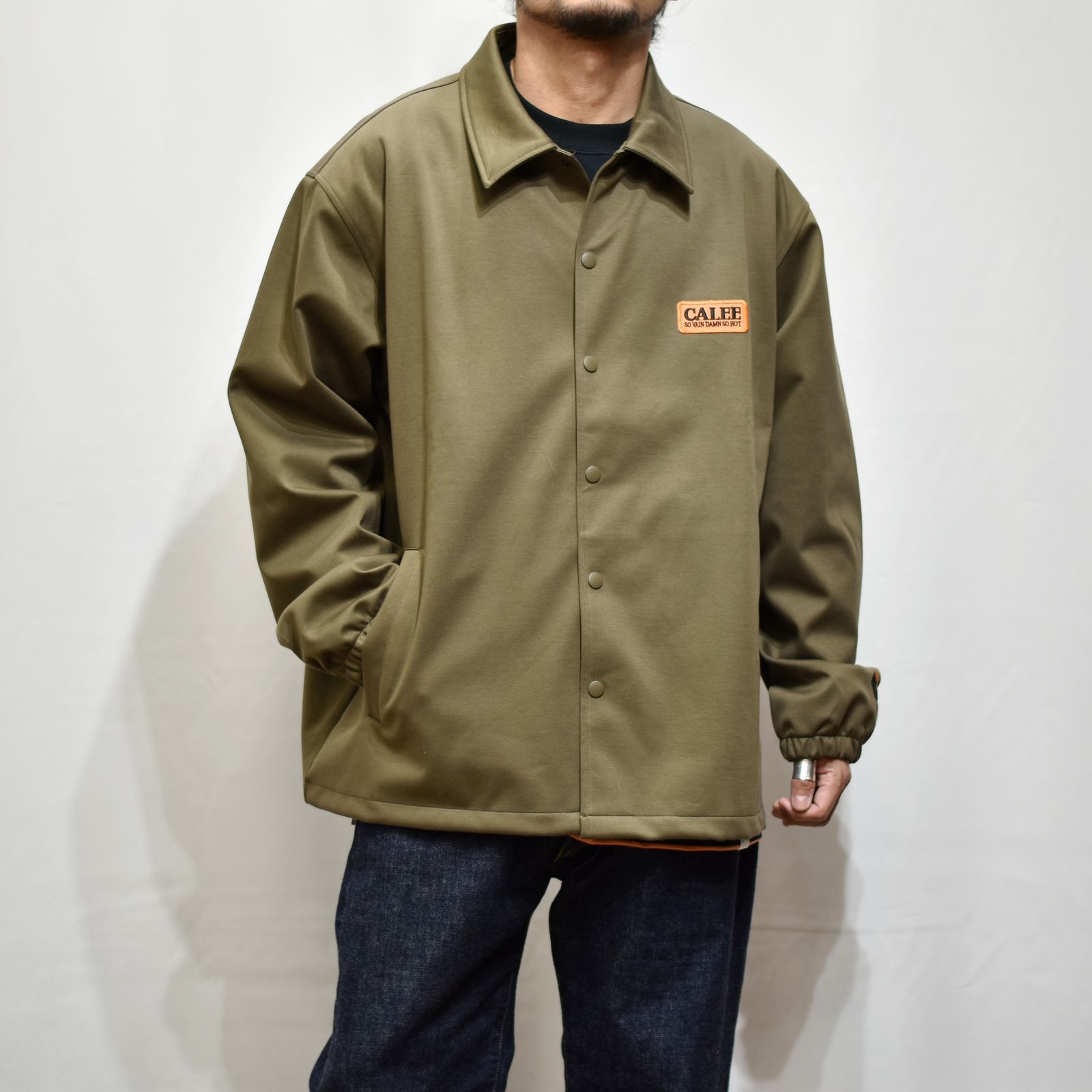 CALEE - COTTON POLYESTER HIGH GAUGE BONDING COACH JACKET (OLIVE
