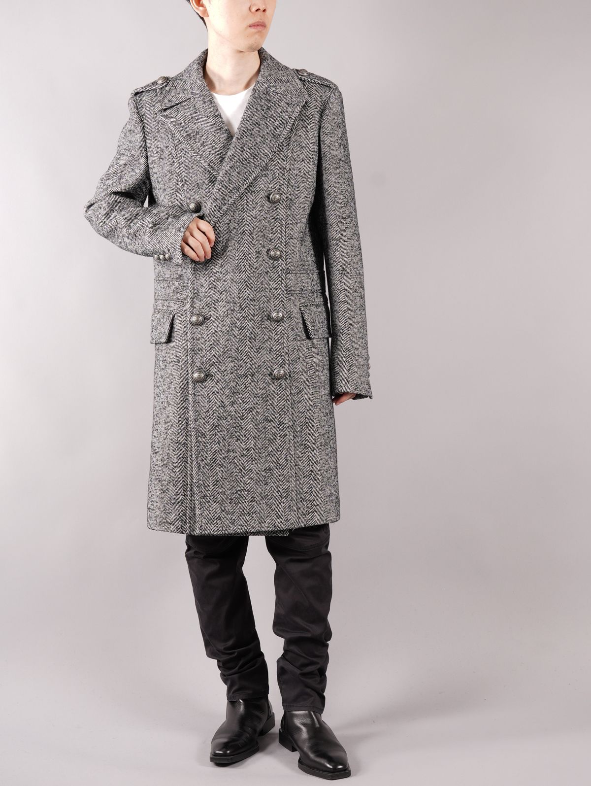 BALMAIN - Long black and white chevron wool coat with double
