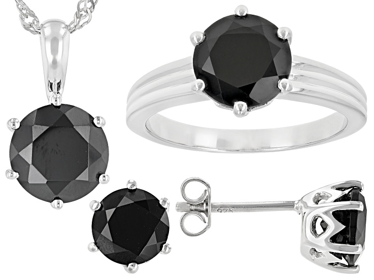 Black Spinel Rhodium Over Silver Ring, Earrings, Pendant With