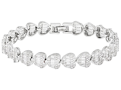 White Cubic Zirconia Rhodium Over Brass Heart Tennis Bracelet