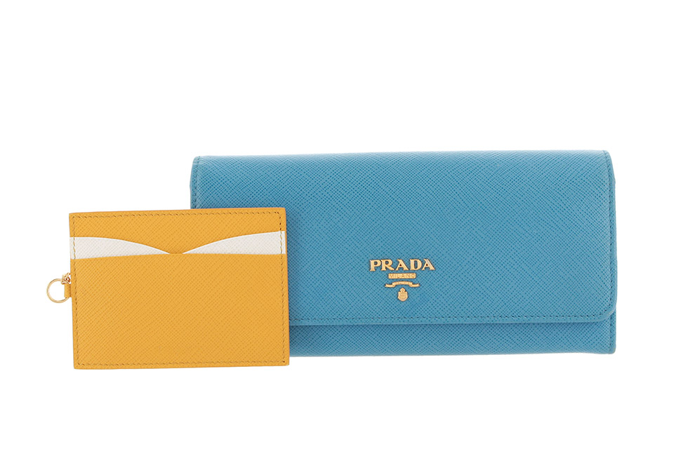 ファスナー長財布 パスケース付き レザー 水色/イエロー/ネイビー
